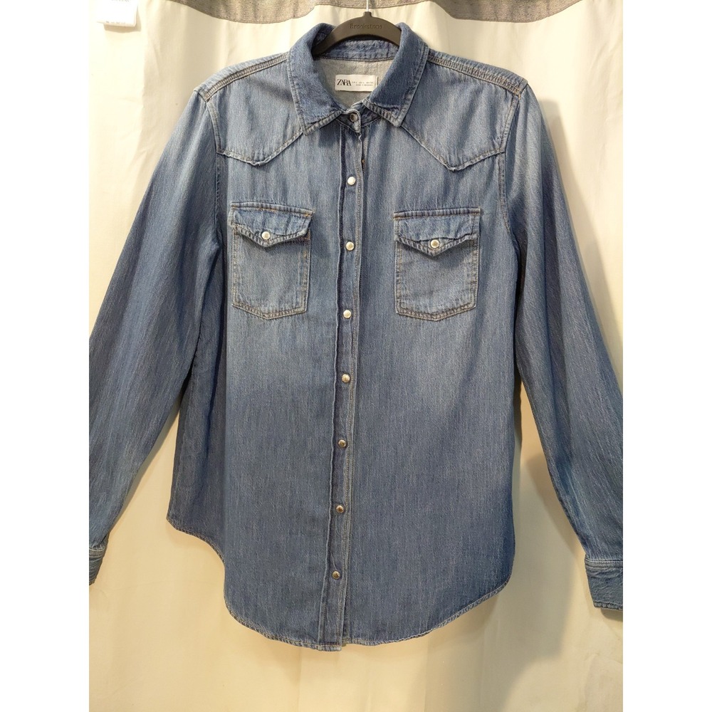 Zara Faded Blue Cotton Metal Snap Western Shirt  Women's Large